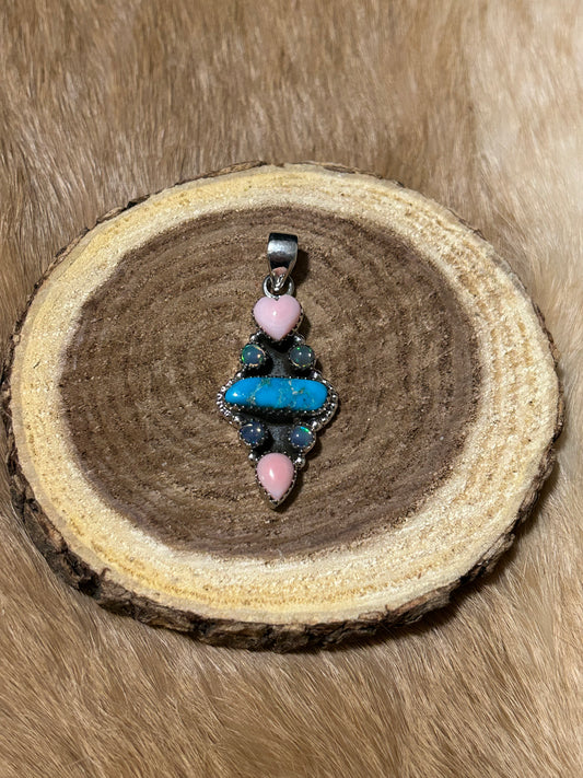 Southwest Turquoise, Opal and Pink Conch Pendant