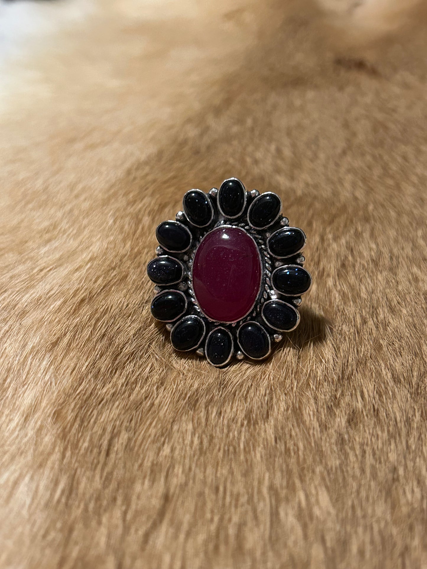 Southwest Sterling Silver Ruby & Midnight Goldstone Cluster Ring