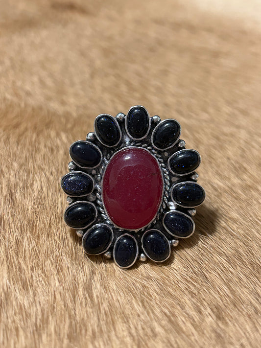 Southwest Sterling Silver Ruby & Midnight Goldstone Cluster Ring