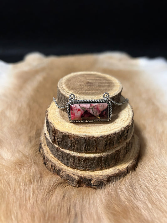 Southwest Pink Spiny Oyster Sterling Silver Bar Necklace