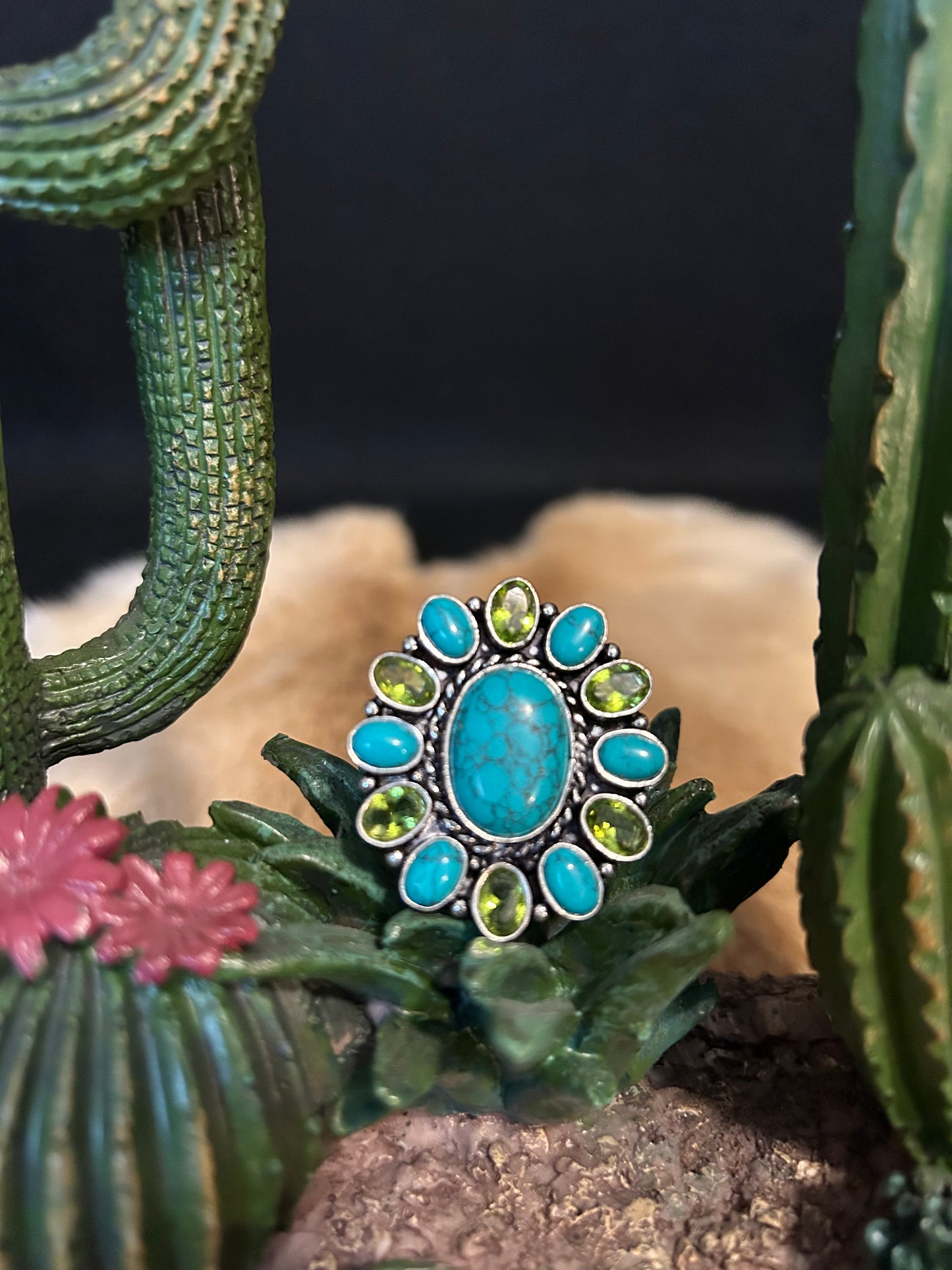 Desert Bloom #8 Turquoise & Peridot Ring